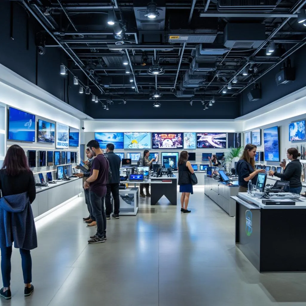 Interior de nuestra tienda de electrónica con clientes